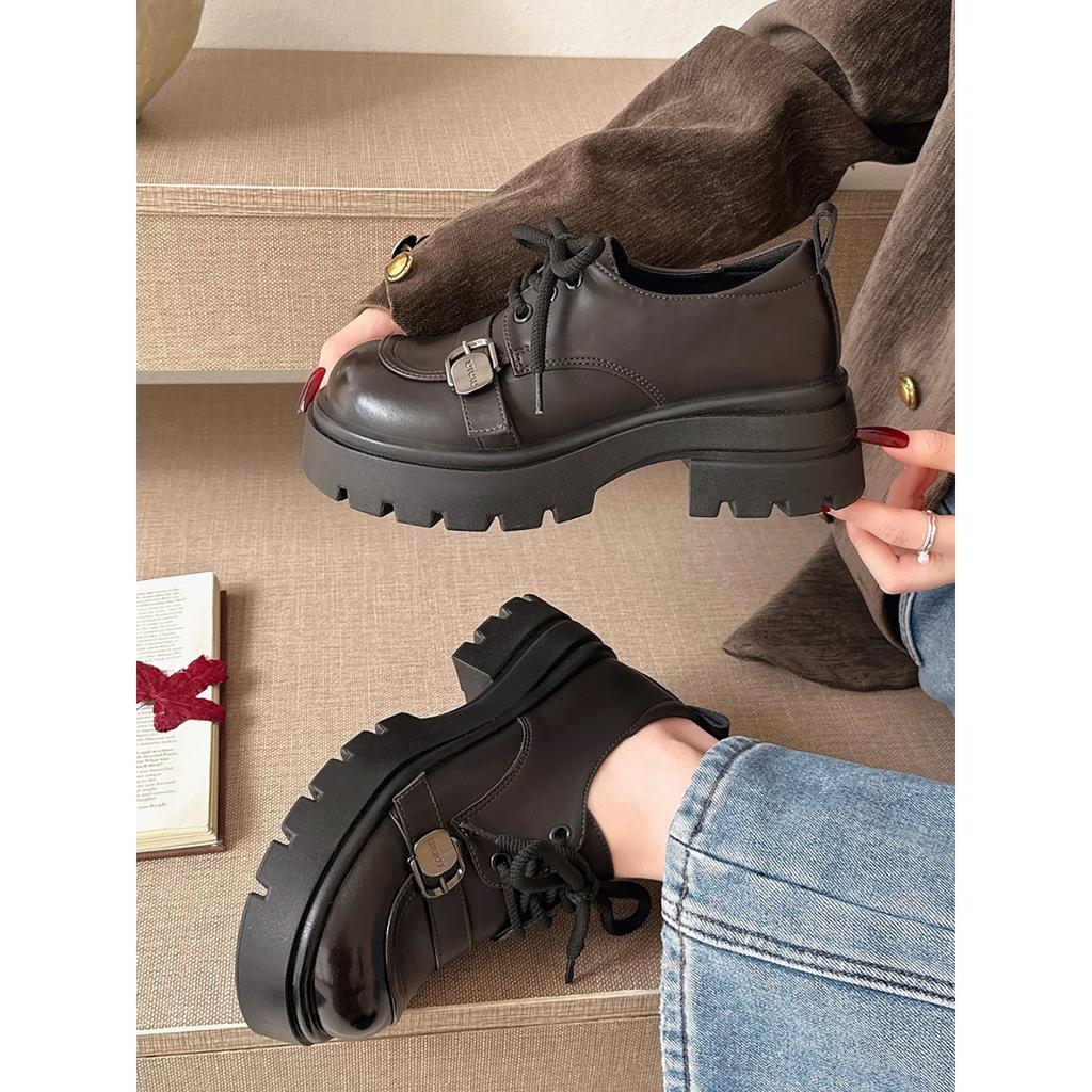 Wang Fan retro black British style platform small leather shoes 2026 new spring and autumn with skirt loafers