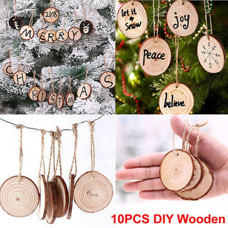 10 X Natural Wood Slice Christmas Tree Ornament Hanging Decor Diy Craft Gift Tag