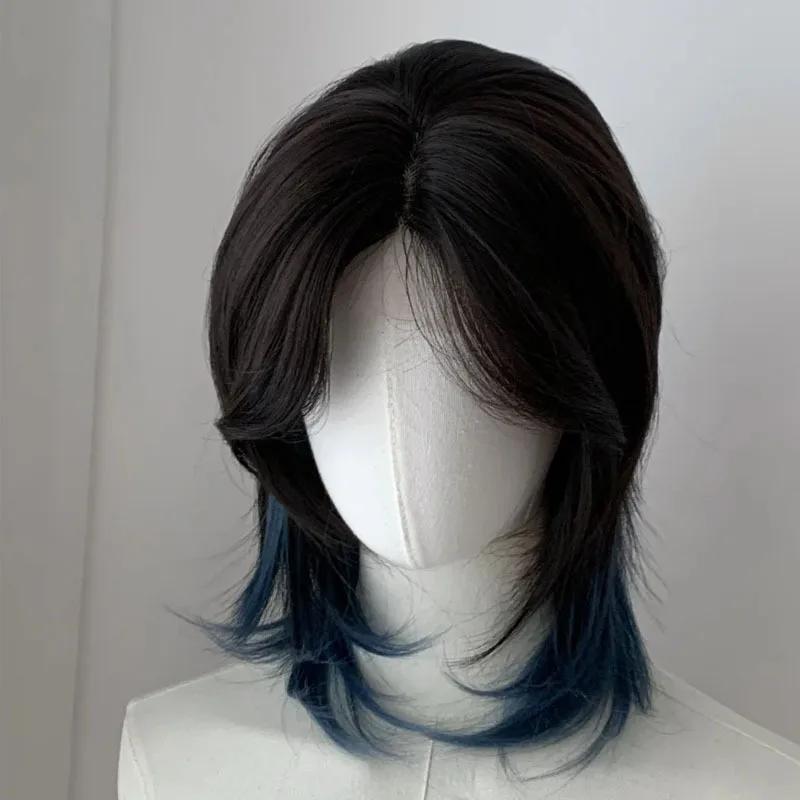 Schwarze kurze Perücke Cos Japanischer Anime Cosplay Perücke 38cm Cooles Sissy Stirnband Perücken Punk Hochwertige synthetische Perücken