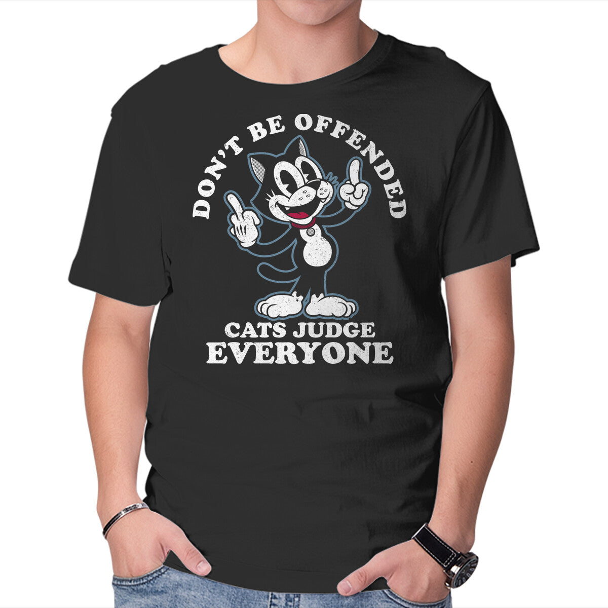 Unisex Crew Neck T-Shirt Cats Judge Everyone Graphic Short Sleeve Casual Tee S
