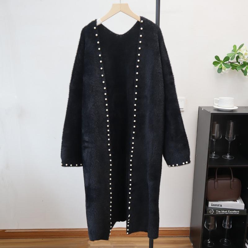 

Вязаный кардиган из искусственного норкового бархата с бисером, женский, новый, осенне-зимний, длинный, свободного кроя, темпераментное пальто one size fits all чёрный