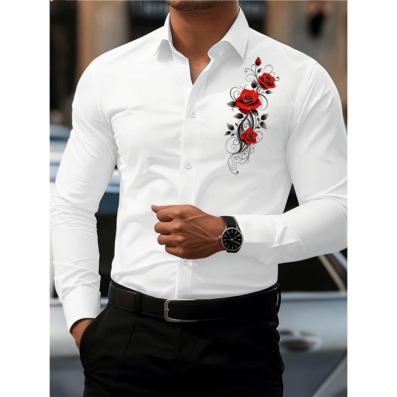 Men's Fashion Red Rose Print Long-Sleeve Shirt, Stylish Casual Design, Spring/Autumn Casual Shirt, Sizes XS-6XL