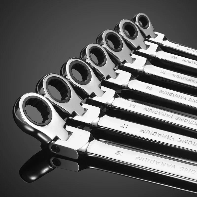 Car Flex Head Ratcheting Wrench Set- 8-17mm Metric Ratchet Combination Wrenches CrV Gear Spanner Ratchet Wrench Set Tools Amagi