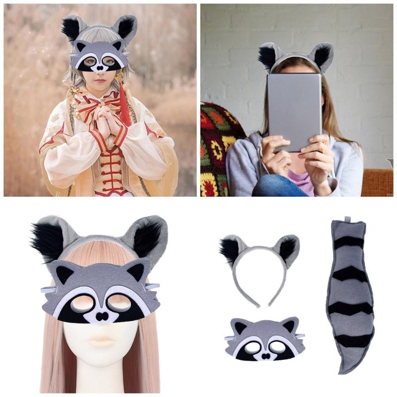 Raccoon Costume Set Ears Tail Mask Animal Fancy Costume Kit Accessories for Kids Girls Boys Halloween Cosplay Props
