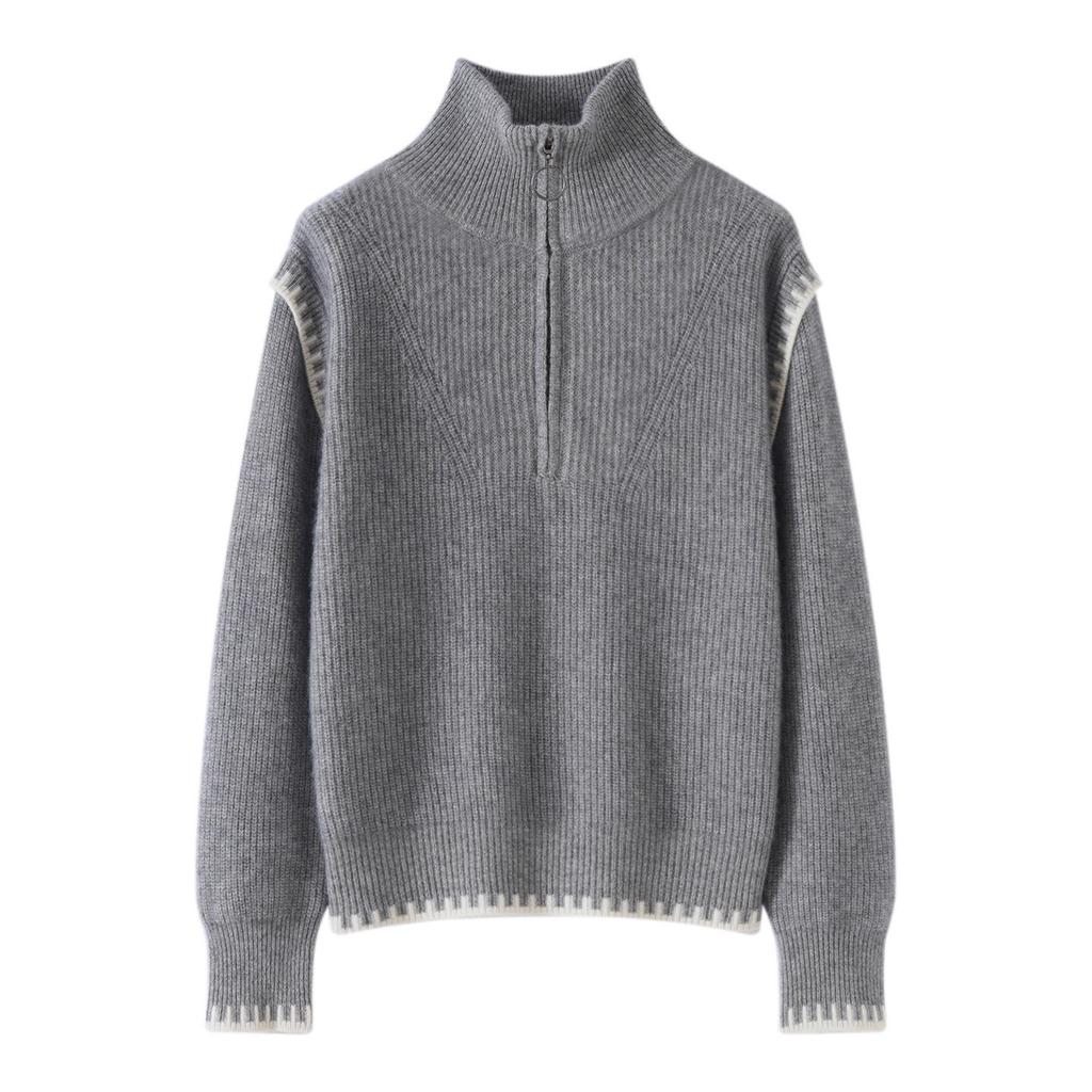 Women's Gray Half-Zip High Collar Cashmere Sweater - Color Block, Loose Knit Korean Style Base Layer