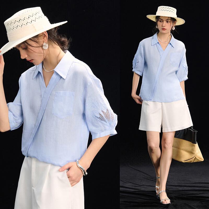 Women s 100% Linen French V-Neck Crochet Blouse S