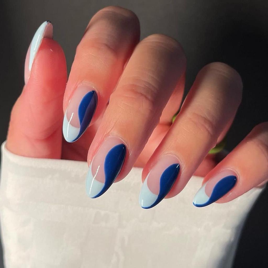 Almond Shape French Blue Stripe Removable Wearable Nail Patches