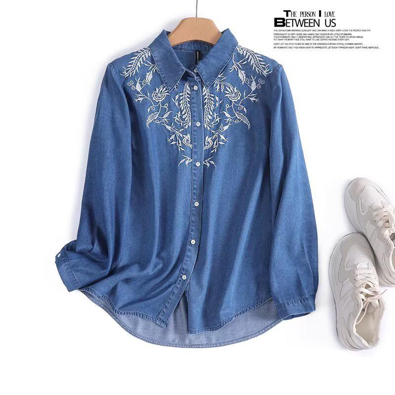 Womens Embroidered Collar Tencel Denim Shirt Loose Fit Long Sleeve Ethnic Chic Blouse