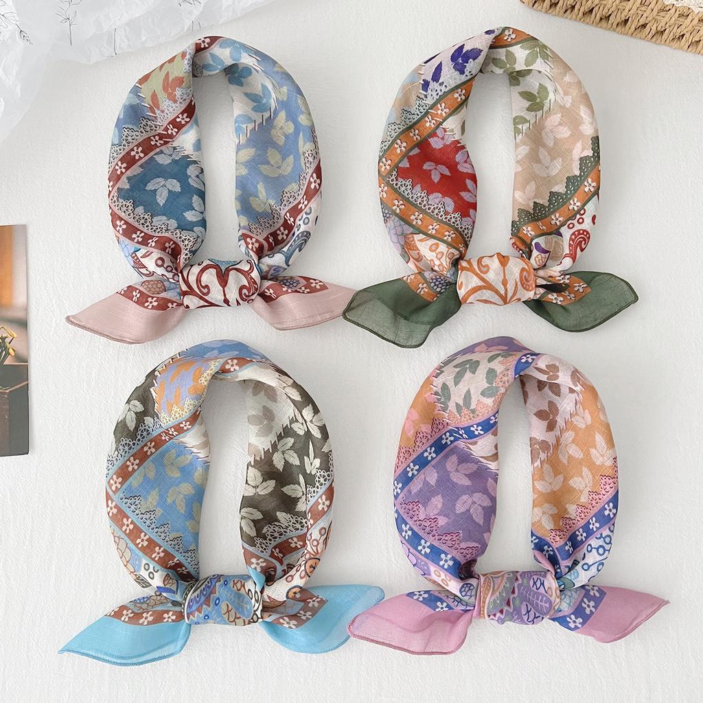 1116 Spring and Summer New Plant and Flower Printed Square Scarf Women's Versatile Temperament Decorative Scarf Multifunctional Small Silk Scarf