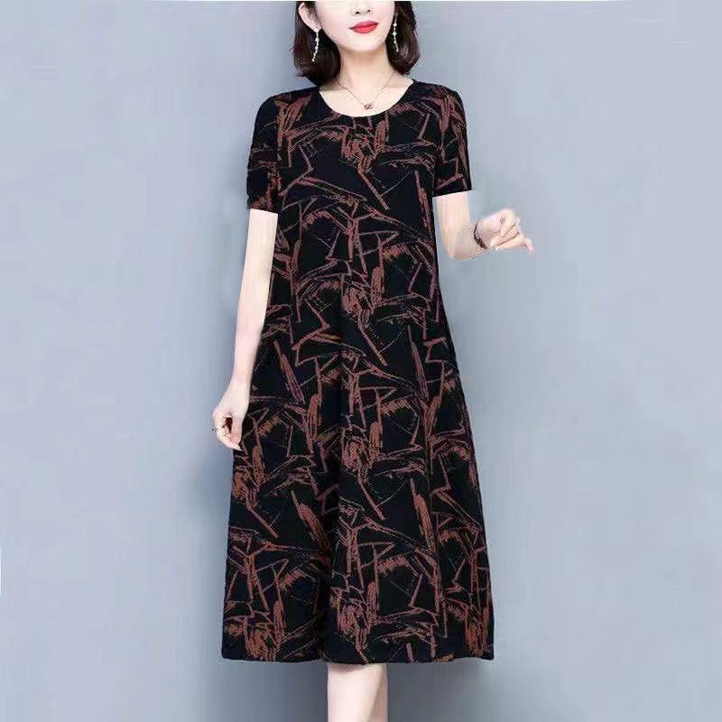 Damen Casual Midi-Kleid mit abstraktem Schwarz-Rot-Print