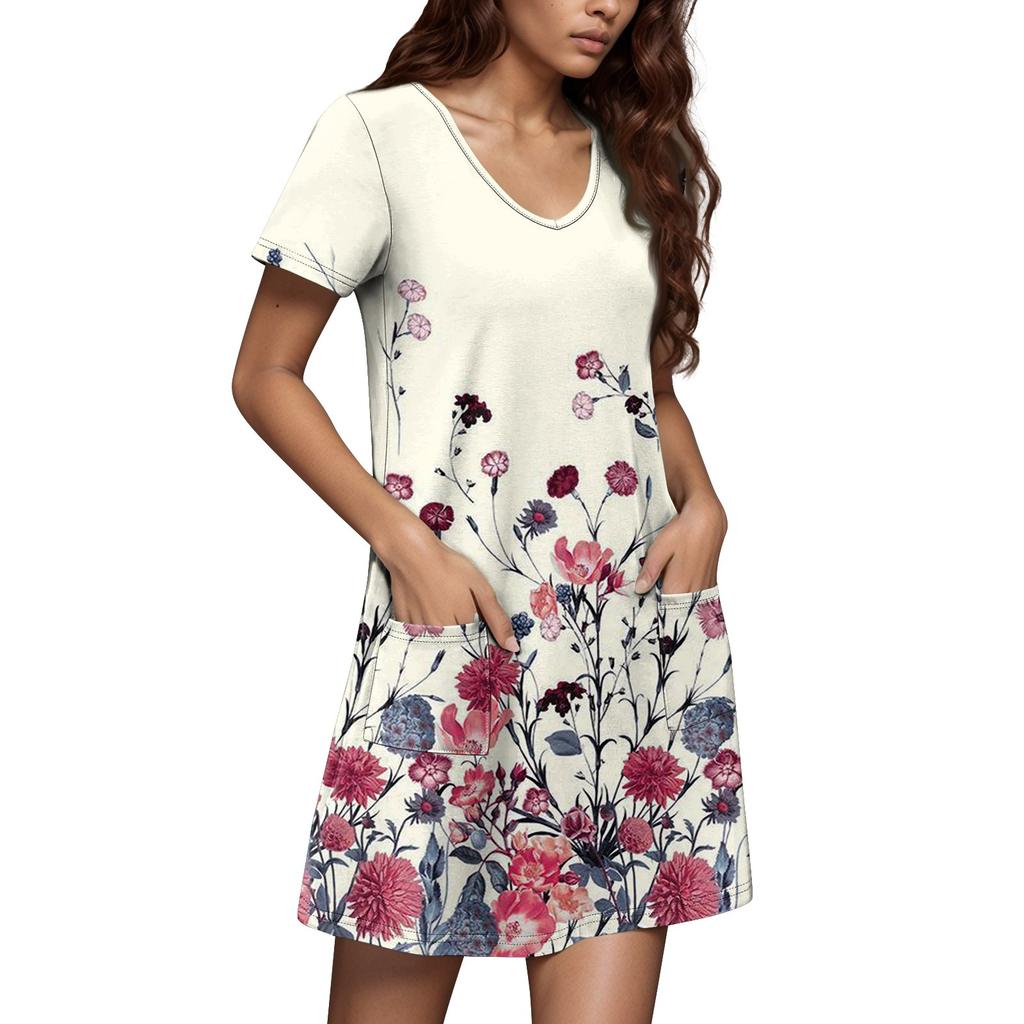 Women's Casual Sundress With Pockets Summer Boho Beach Dress Floral Blouses For Women T-Shirts Dress V Neck Loose  Dresses