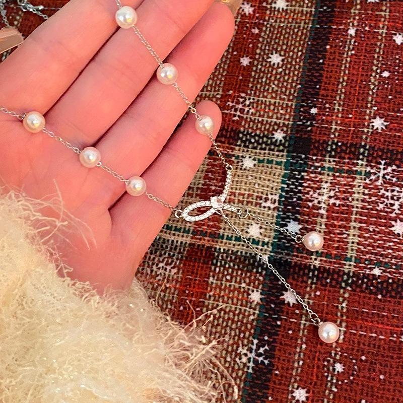 Titanium Steel Not Fading Bowknot Tassel Necklaces for Women Light Luxury Clavicle Chain Jewelry
