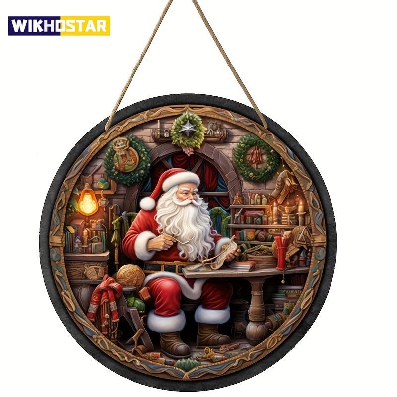 1pc Santa Claus Wood Sign Christmas Welcome Round Front Door Sign for Room Hanging Decor