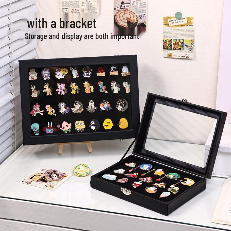 Commemorative Medal Storage Box with Brooch Lid, Ribbon, Display Stand, and Dustproof Felt