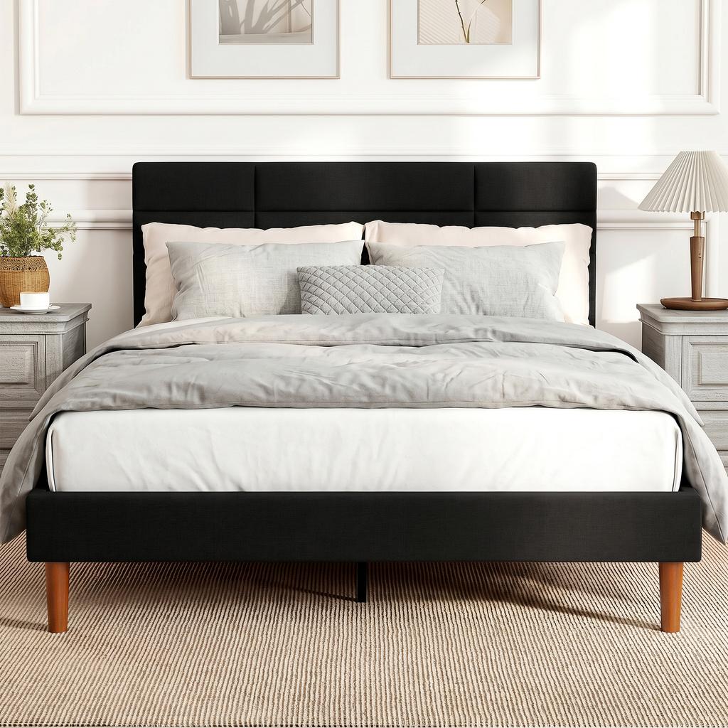 Double Bed Frame, 140 X 200 Cm, Wooden Slatted Base, Linen-Effect, Storage Underneath, Black