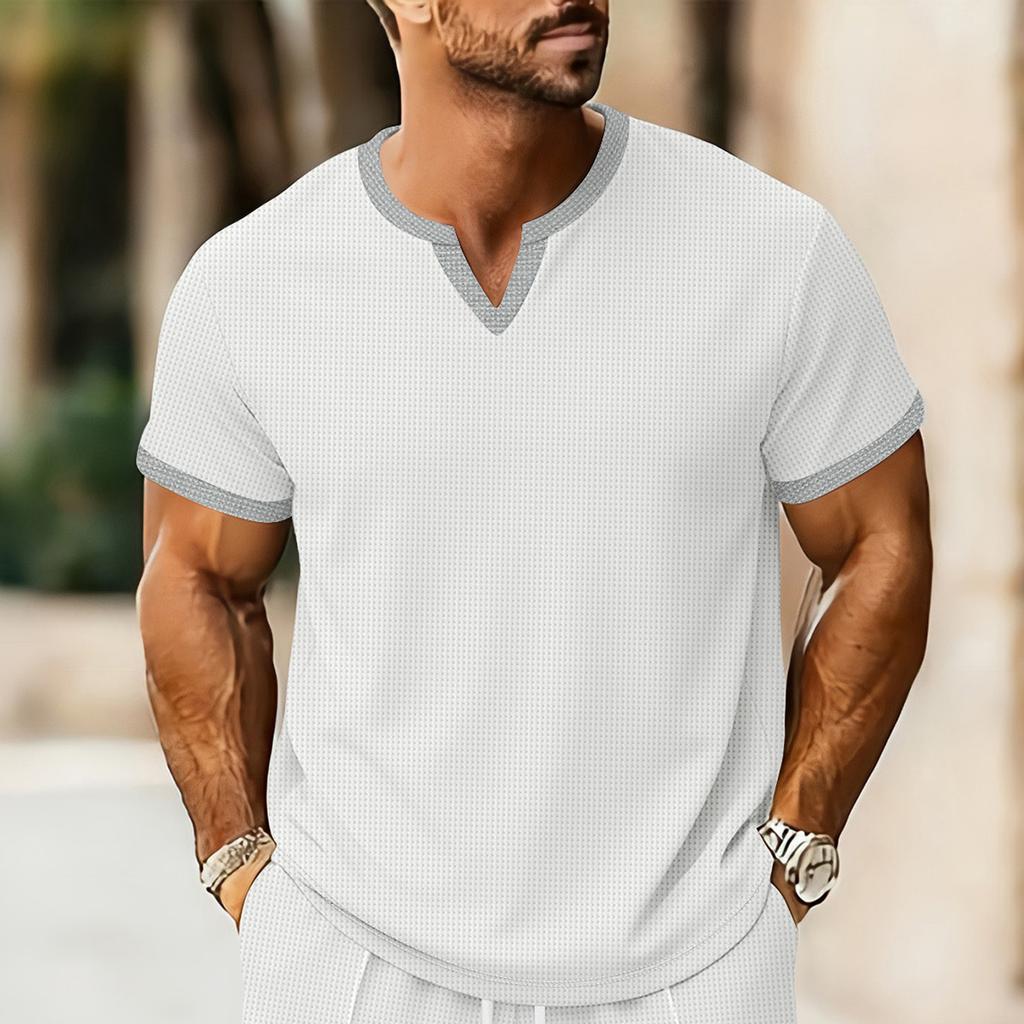 Men's Summer V-neck Top Casual Loose Short Sleeved Shirt