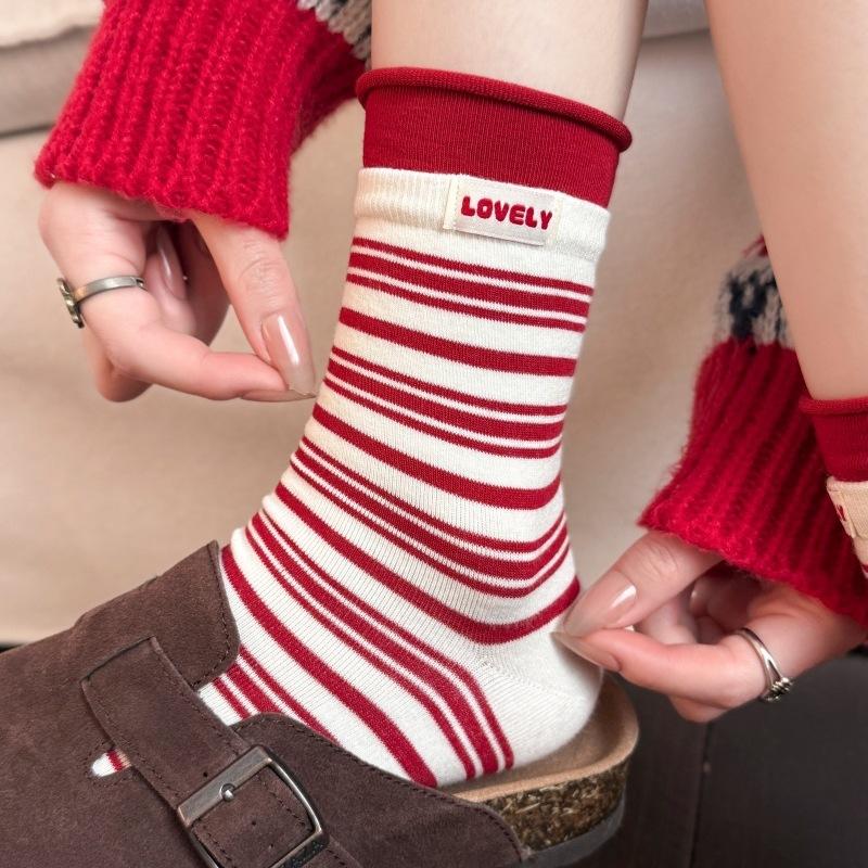 Bow Stripe New Year'S Big Red Socks Women'S Mid-Tube Socks Pure Cotton Edge Horse Year Stockings