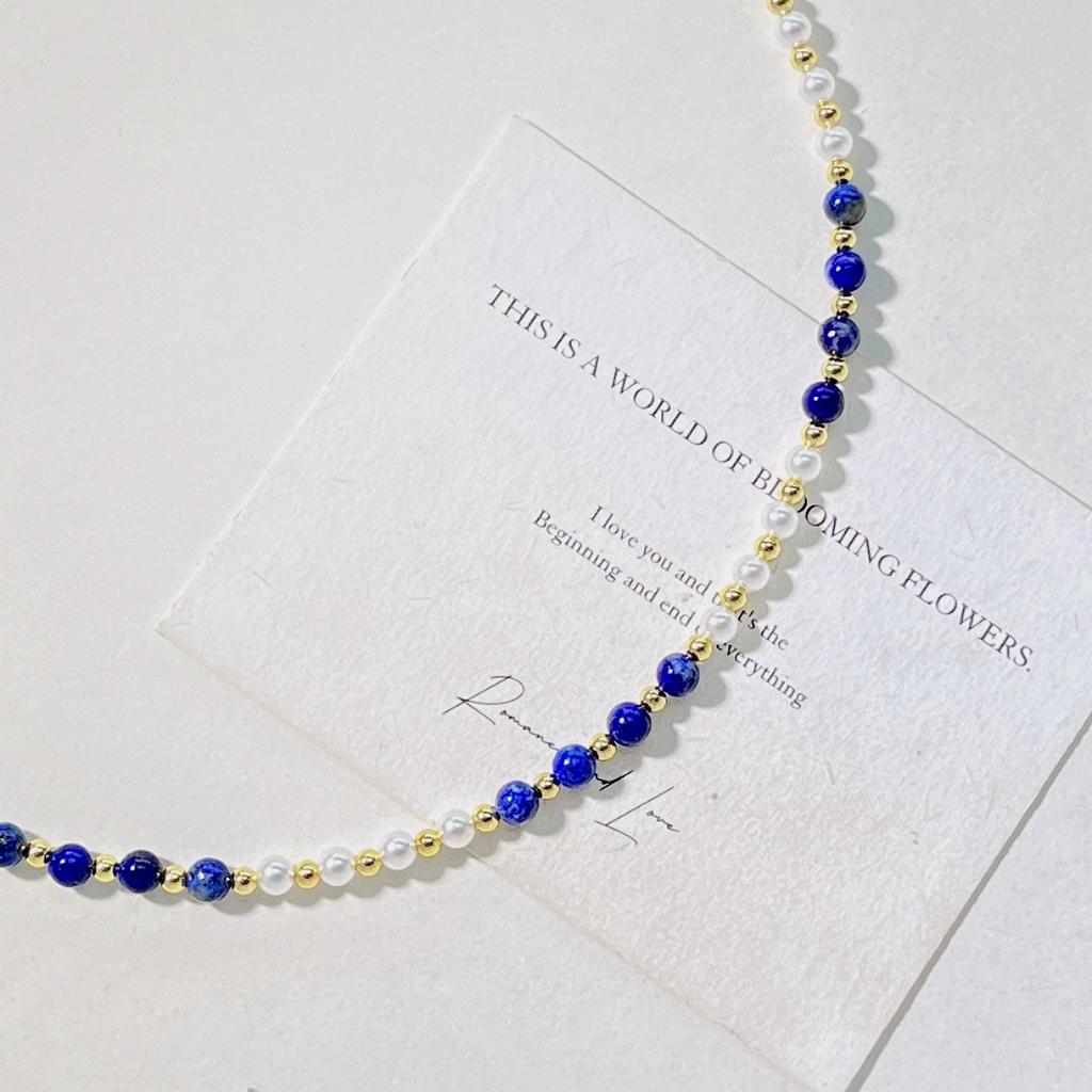Natural Lapis Lazuli Artificial Crystal Pearl Design Sense Necklace Collarbone Chain Sweater Chain