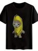 Herren Schwarz Lässiges Rundhals-T-Shirt mit Bananenförmigem Katzenaufdruck - Verspielte Tiergrafik
