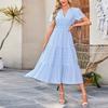 Women's V-neck Pleated Puff Sleeve Long-sleeved Dress