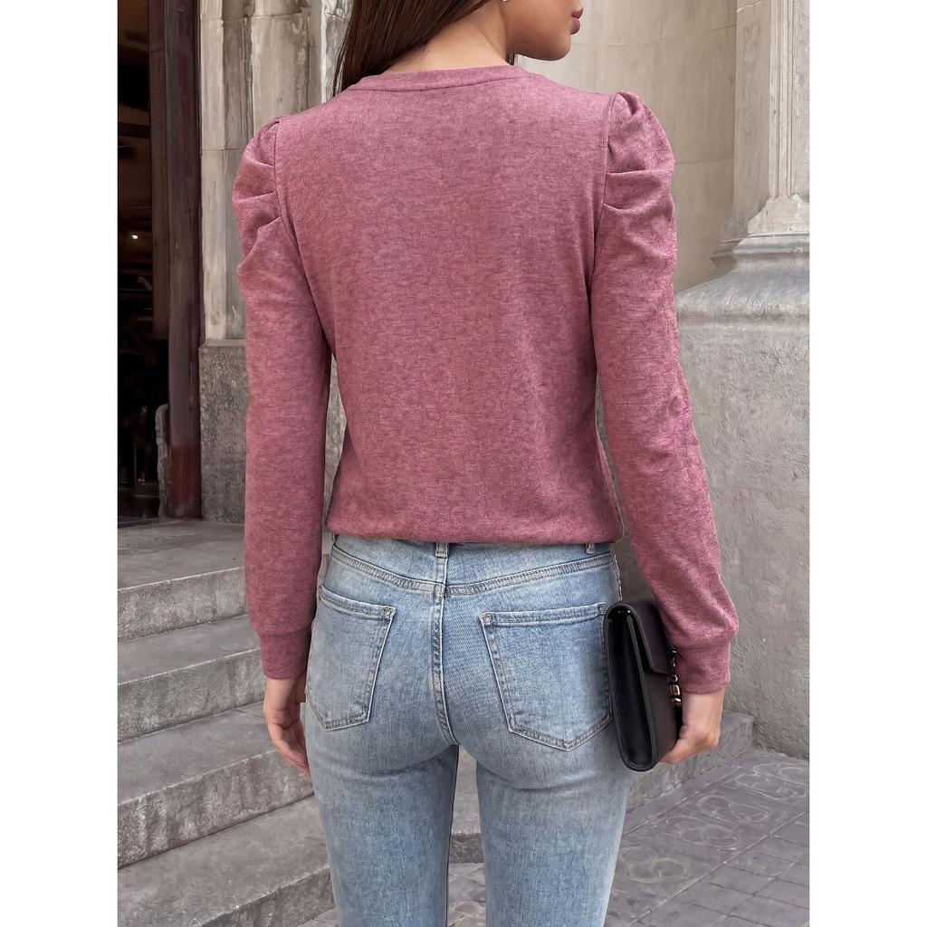 Fall Winter Women's Solid Color Loose Crew Neck Pleated Long Sleeve T-shirt Top For Cross-border European American Trade