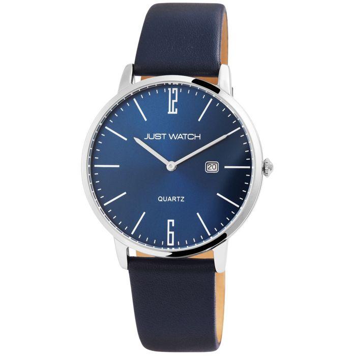 Montre - Willem - Boîtier argent 42 mm - Cadran bleu foncé - Bracelet cuir bleu 20 mm