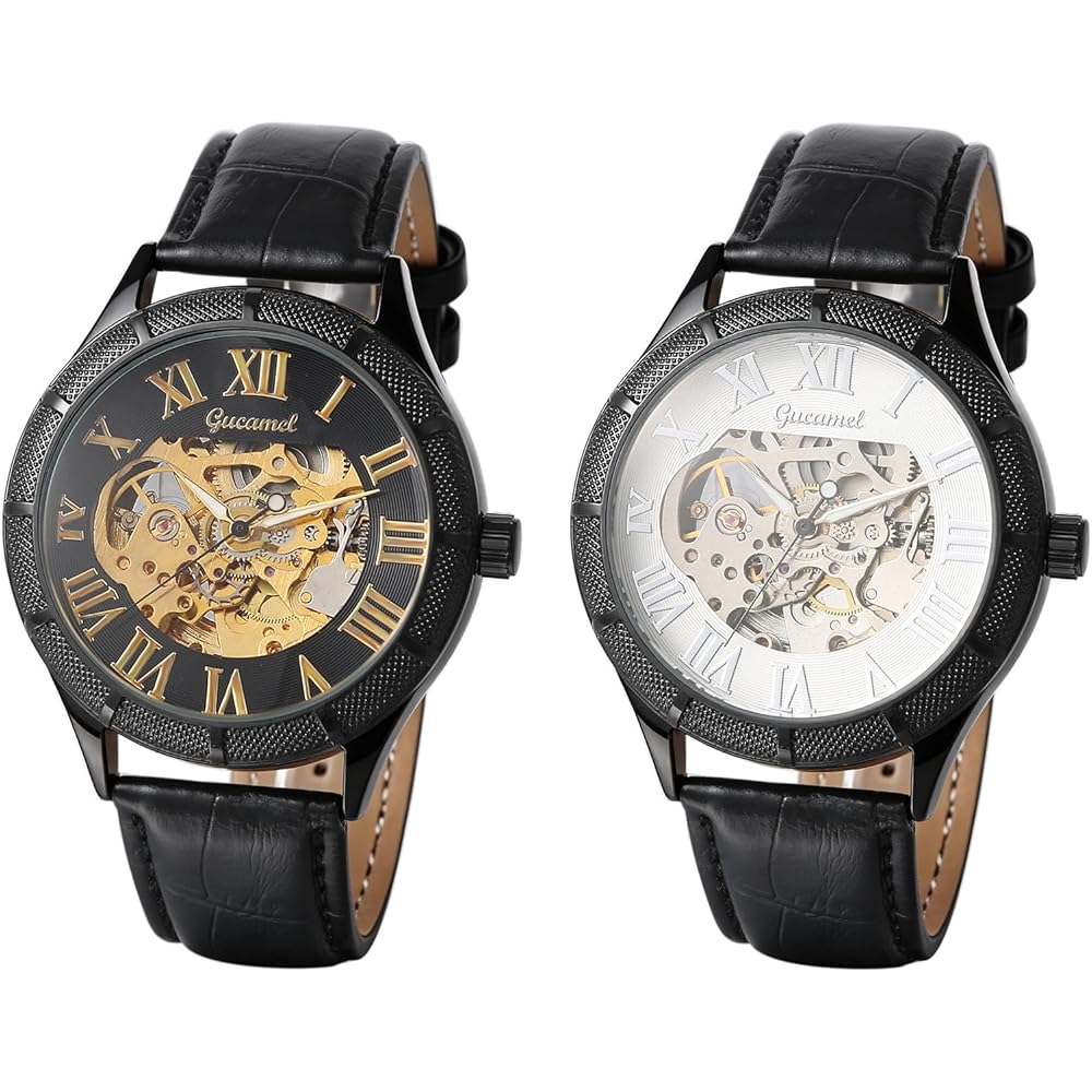 Men's Automatic Mechanical Watch Black Leather Strap Stainless Steel Luminous Roman Numerals Water Resistant Casual Wear