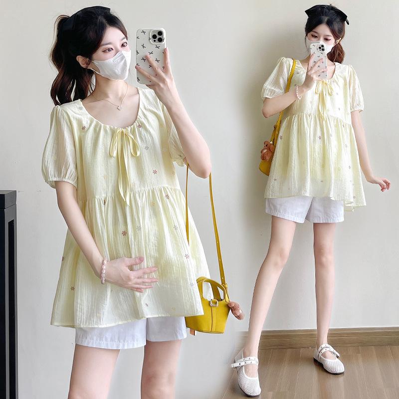 Summer 2026 Korean V-Neck Short Sleeve Maternity Top Large