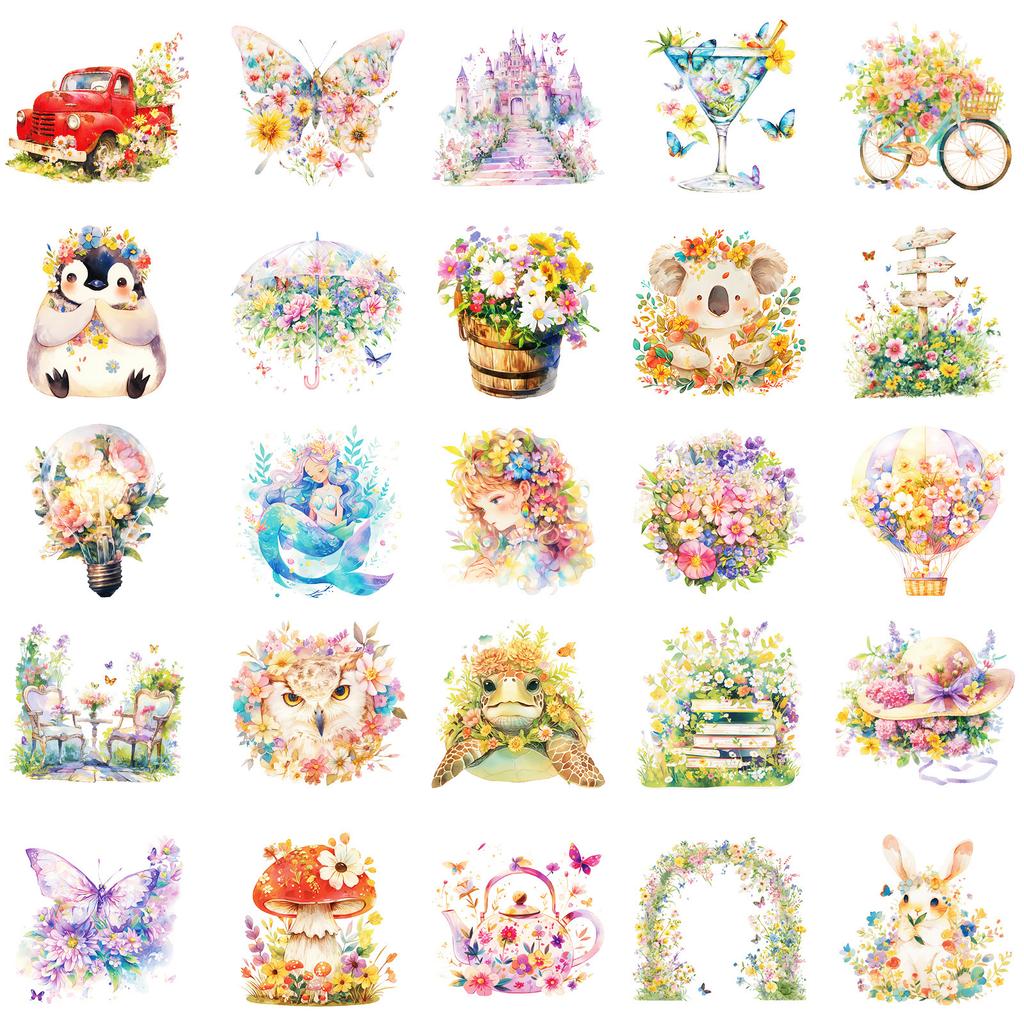 50 Watercolor Fresh Various Small Animal Stickers Notebook Mobile Phone Water Cup Waterproof Decorative Stickers