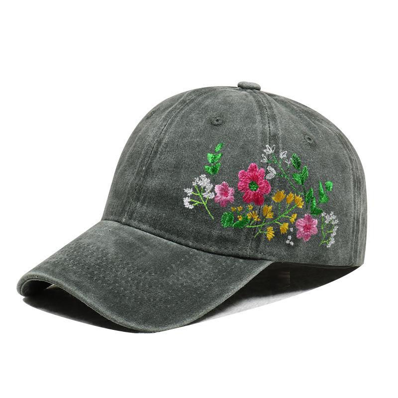 Dames Bloemen Geborduurde Baseballpet, Vintage Gewassen Katoen Verstelbare Zon Hoed