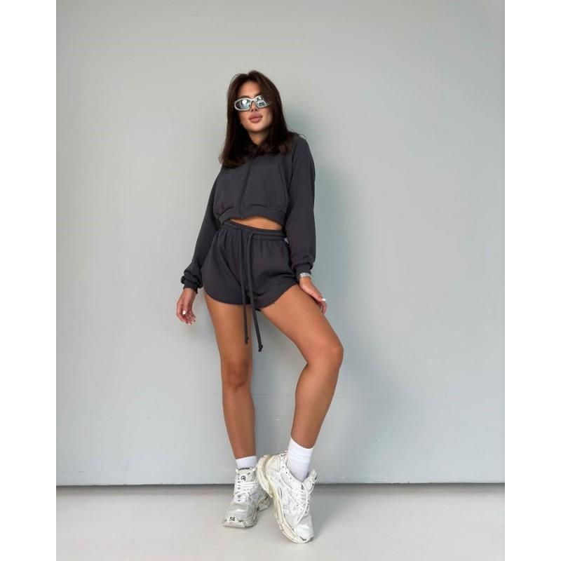 Womens Casual Hooded 2-Piece Set Long Sleeve Zip-Up Top With Drawstring Shorts Streetwear Outfit