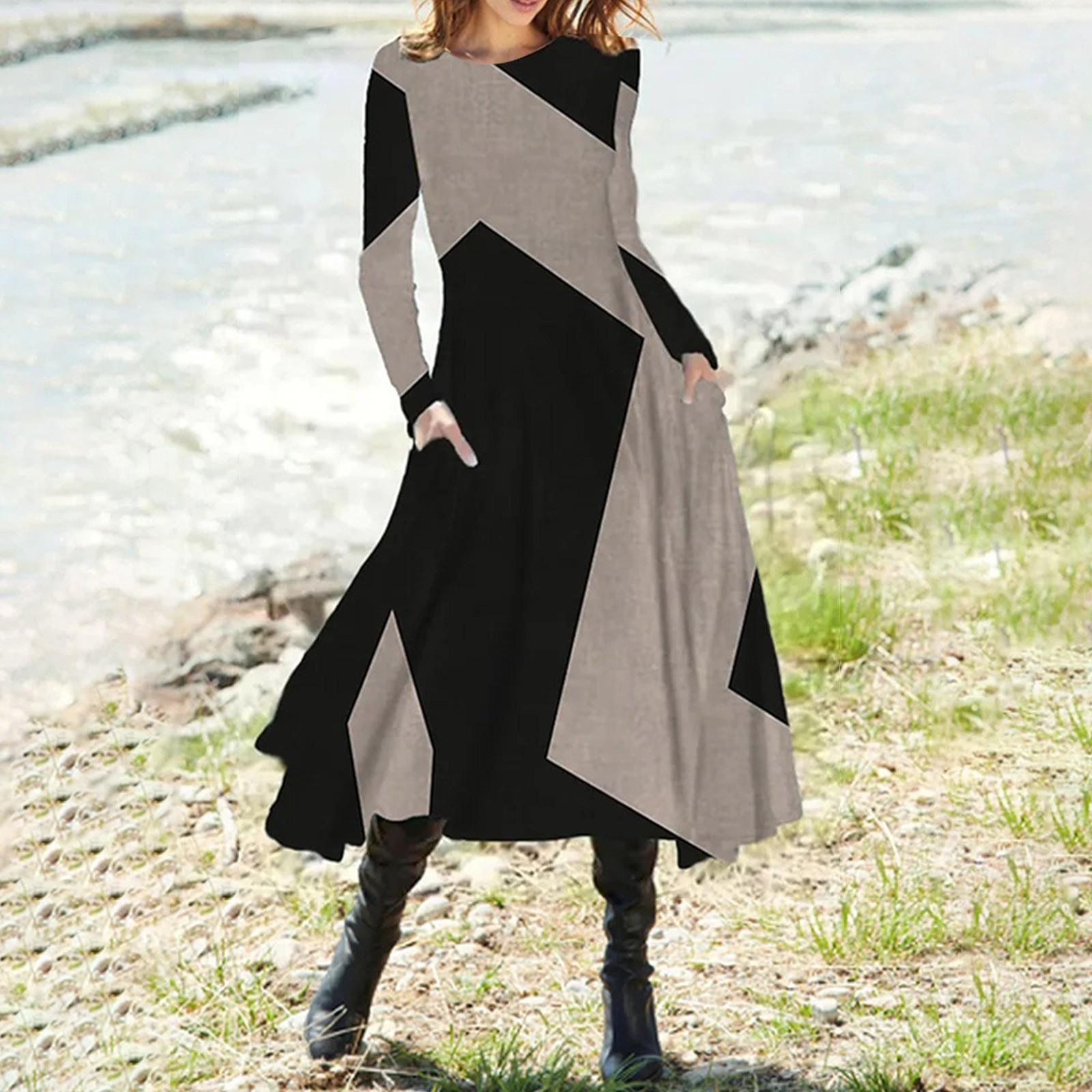 

Женская мода повседневный пуловер с круглым вырезом и принтом, облегающее платье с длинным рукавом XL