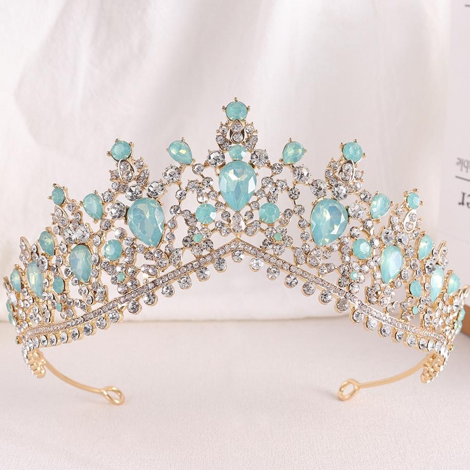 DIEZI Luxury Green Opal Crystal Flower Water Drop Tiara Crown Women Wedding Party Elegant Bridal Bride Crown Hair Accessories