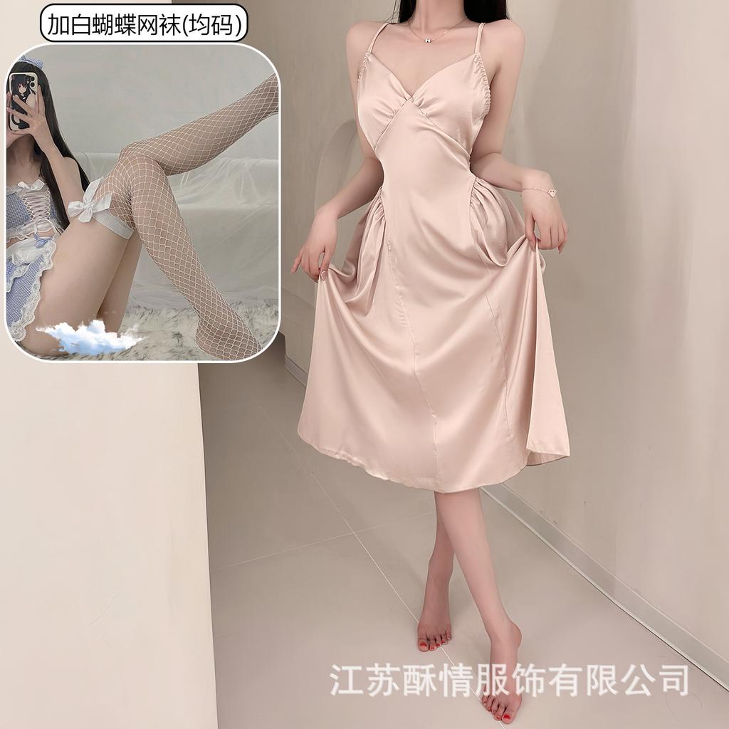 Crispy sexy suspender long hollow backless strap solid color low neck temptation casual nightdress home set