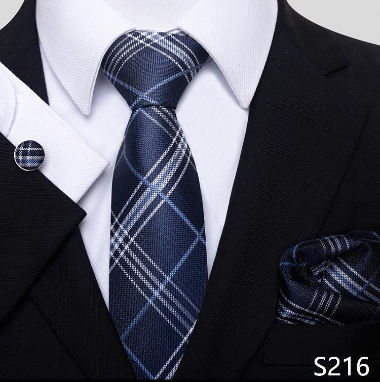 Men's 8cm Solid & Polka Dot Plaid Tie Set with Cufflinks & Pocket Square