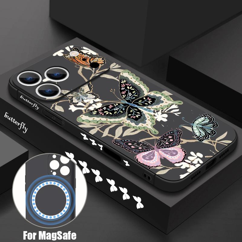 For iPhone 17 Pro Max Case INS Colorful Butterfly Flowers Pattern Magnetic For Magsafe Soft Cover For iPhone 16 15 14 13 Pro Max 17E 16E