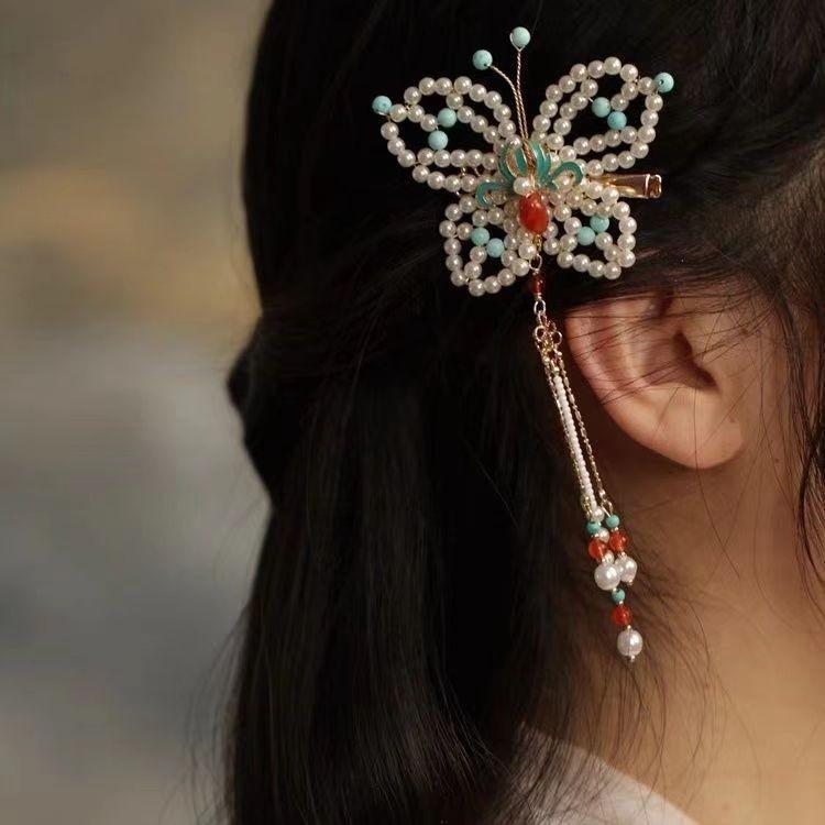 Starožitný styl Nová pokrývka hlavy Motýlí sponka do vlasů Okrajová sponka Hanfu Qipao Doplňky Kolekce Korálková okrajová sponka