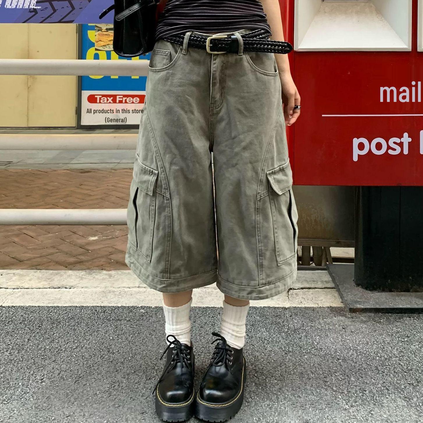 Women s Plus Size Retro Washed Multi-Pocket Cargo Cropped Wide-Leg Pants - Trendy Street Style 4XL (170-200 jin)