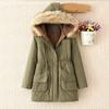 Women Hooded Plus Velvet Corduroy Coat Ladies Winter Cotton Coat Thickened Mid Length Warm Jacket