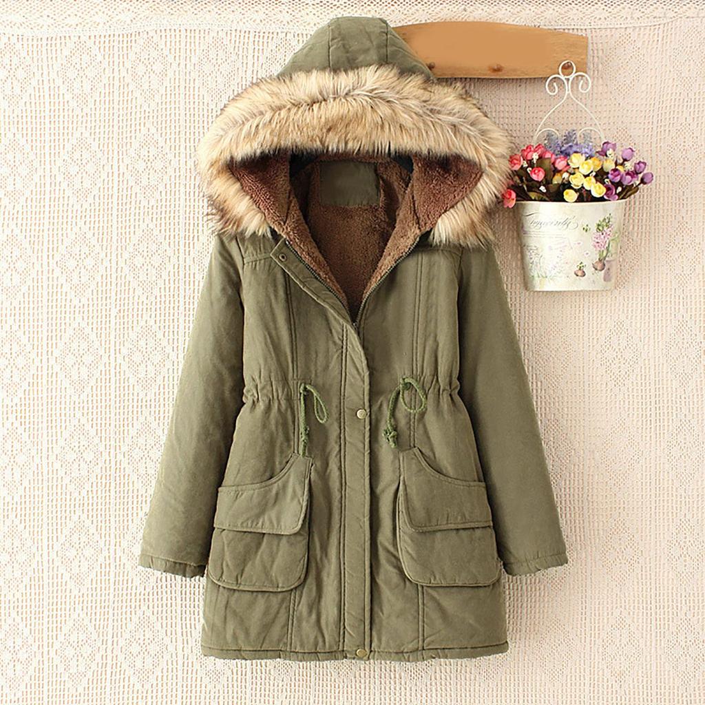 Women Hooded Plus Velvet Corduroy Coat Ladies Winter Cotton Coat Thickened Mid Length Warm Jacket