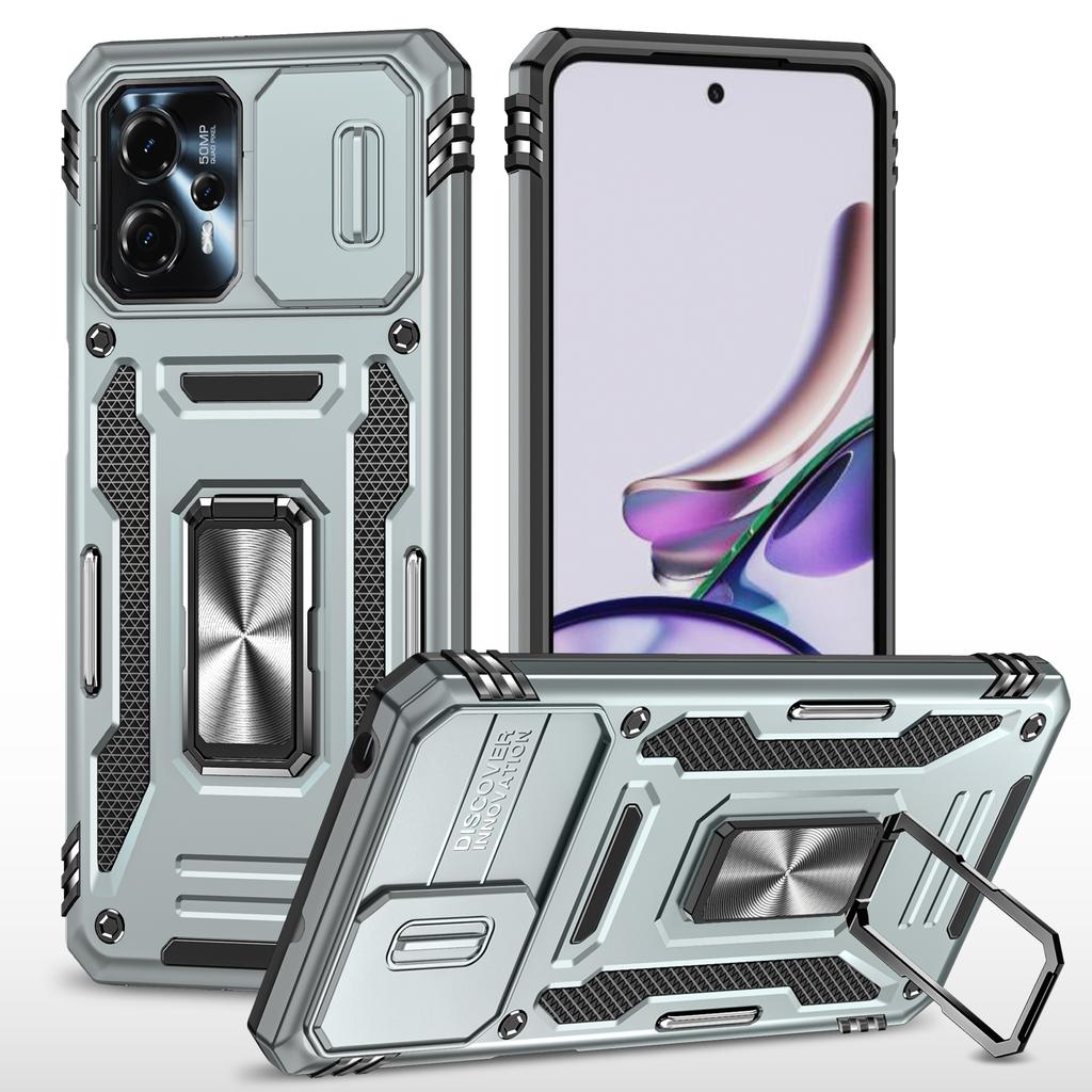 For Motorola Moto G23 4G/G13 4G Armor Series Metal Kickstand Cover Slide Lens Lid PC+TPU Phone Case