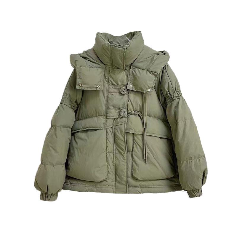 Fashion round button down jacket women's short 2024 winter hooded thickened warm loose white duck down bread jacket tide