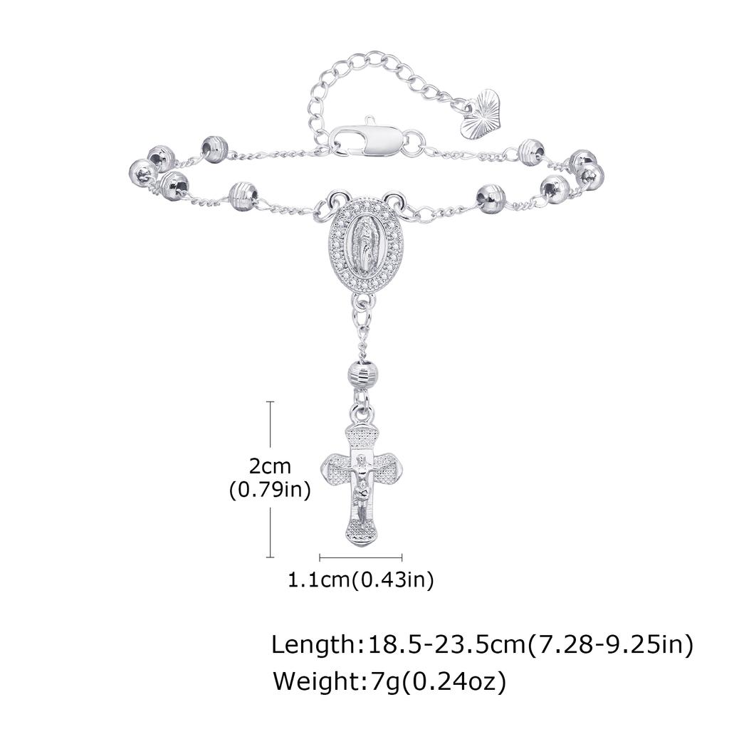 Tri-color Beads Rosary Virgin Mary Jesus Cross Charm Bracelet for Women, Metal Beaded Chain Religious Pray Jewelry
