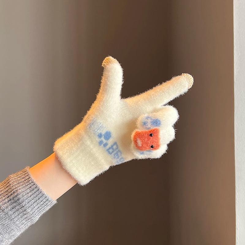 Cute Plush Gloves Women Winter Thick Warm Touchscreen Knit Wool Cycling Cold Proof Finger Gloves Student Winter