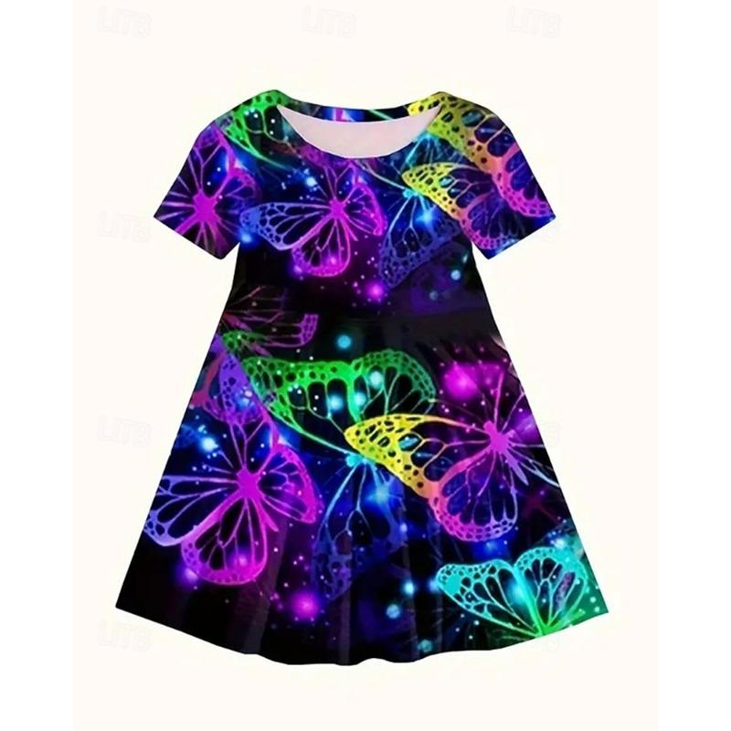 Girls' 3D Graphic Butterfly Dress Short Sleeve Summer Spring Vacation Daily Holiday Beautiful