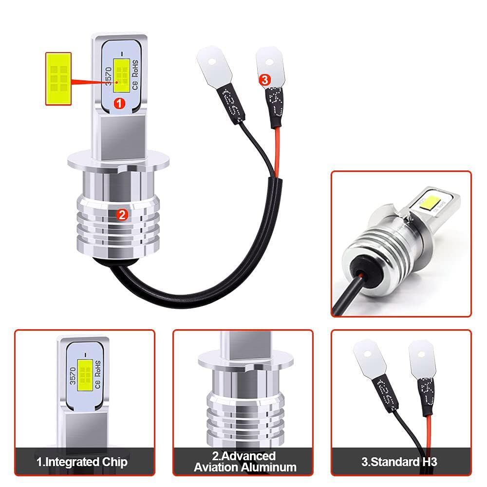 Aoling H3 H3C Fog Light LED Bulbs for High Fast Heat Set of 2 Bulbs, 12V/24V, Cars, Built-in Resistor, Fanless, Brightness, Durable, Noiseless,