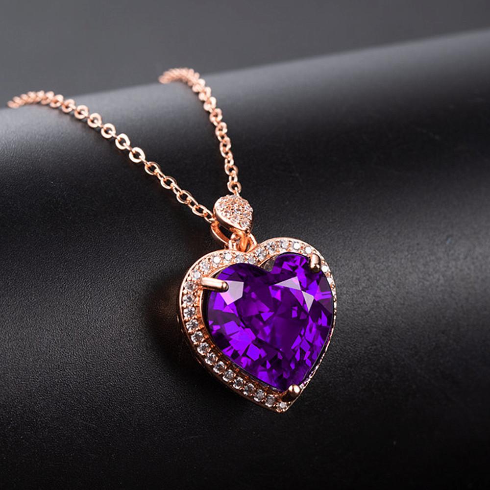 Purple Crystal Amethyst Gemstones Diamonds Heart Pendant Necklaces for Women Rose Gold Filled Jewelry Gifts New