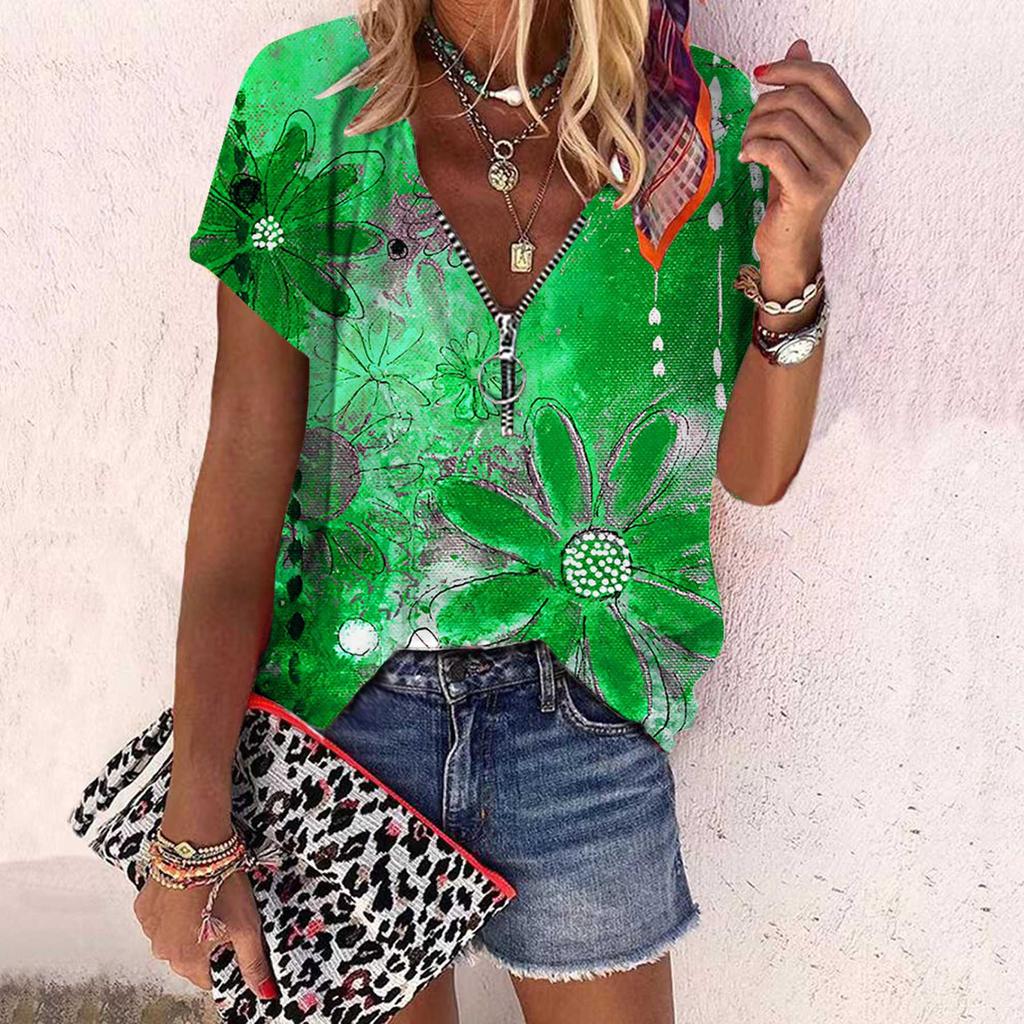 Dame Topp Sommer Ny Mote Rose Blomst Graffiti Blomster Trykt Casual Glidelås V-hals Kort Erm Topp