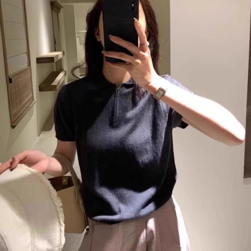 Solid Color Knitted Sweater Short-sleeved Women, Summer New Small Short Zipper Lapel Top Thin