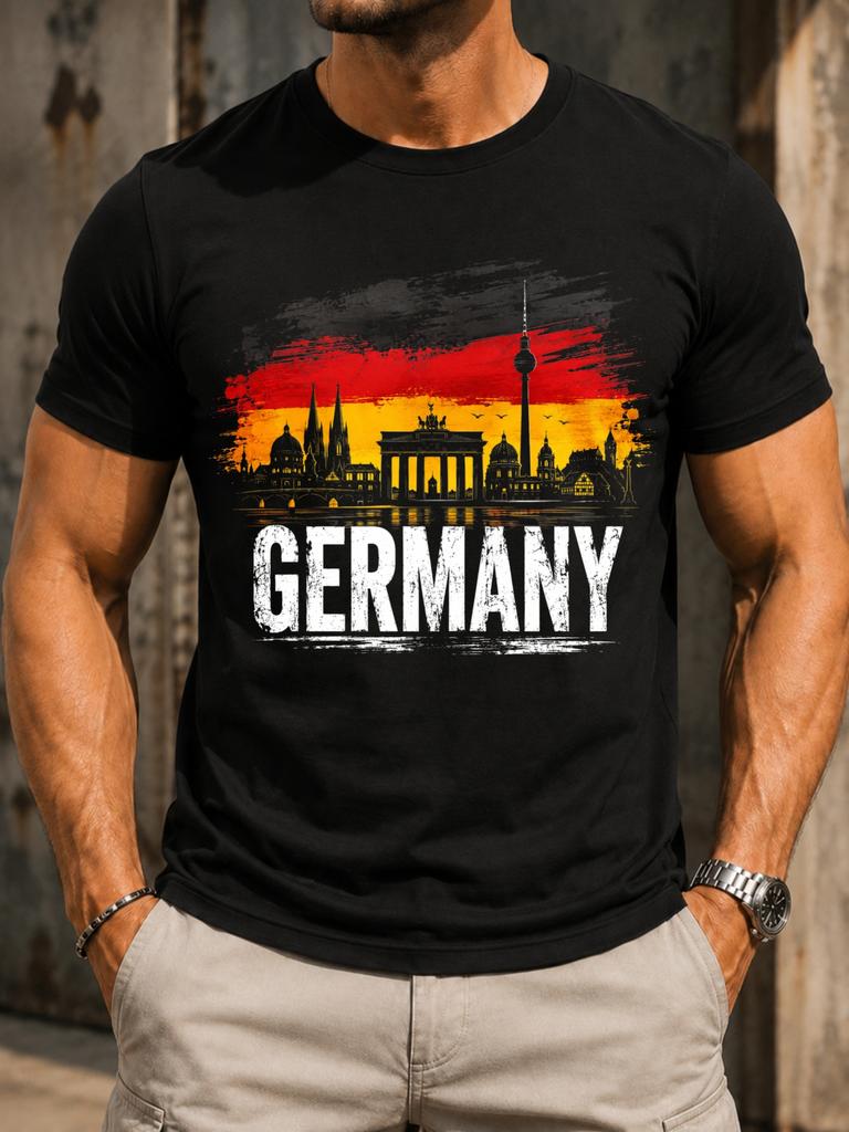 Gerunisexy Rote Gelbe Pinsel Flagge Berlin Skyline Wahrzeichen Silhouetten Und Abgenutzt Reise Unisex Alles T-Shirt